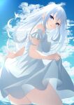  1girl absurdres bangs blue_eyes blue_sky breasts cloud cloudy_sky dress ekidona frilled_dress frills highres long_hair looking_at_viewer original sky smile solo standing standing_on_liquid white_dress white_hair 