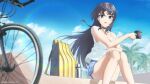  1girl absurdres bangs bare_legs bicycle black_hair blue_nails blue_sky breasts camisole cleavage cloud collarbone cup ground_vehicle hair_ornament hairpin highres large_breasts long_hair looking_at_viewer nail_polish outdoors parted_lips purple_eyes raiz_art_works sakurajima_mai seishun_buta_yarou shorts sitting sky solo spaghetti_strap vest white_vest 
