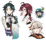  4boys arm_tattoo bangs bead_necklace beads black_hair blue_hair blush bow braid closed_eyes crossed_arms drunk facial_mark flower forehead_mark genshin_impact gloves gradient_hair green_eyes green_hair gyoju_(only_arme_nim) hair_between_eyes hat highres japanese_clothes jewelry kaedehara_kazuha korean_commentary long_sleeves male_focus mouth_hold multicolored_hair multiple_boys necklace open_mouth ponytail red_hair shikanoin_heizou simple_background sketch tattoo twin_braids venti_(genshin_impact) visor_cap white_background white_flower xiao_(genshin_impact) 