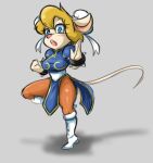  2022 anthro blonde_hair blue_eyes blush boots bracelet capcom chip_&#039;n_dale_rescue_rangers chun-li clothing cosplay crossover crossover_cosplay disney female footwear fur gadget_hackwrench grey_background hair hi_res jewelry mammal mouse murid murine rodent simple_background solo spiked_bracelet spikes street_fighter tan_body tan_fur unknown_artist video_games 