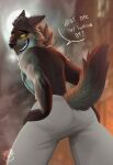  absurd_res anthro blush canid canine canis clothed clothing dialogue dreamworks english_text gamibri hi_res looking_back male mammal mr._wolf_(the_bad_guys) solo text the_bad_guys tongue tongue_out topless wolf 