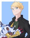  animal_skin anthro bandai_namco blonde_hair blue_eyes claws digimon digimon_(species) duo gabumon hair hi_res horn human jai_spt jewelry looking_at_viewer male mammal matt_ishida necklace red_eyes smile yellow_body 