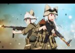  2girls animal_ears assault_rifle bangs belt blue_eyes brown_jacket cat_ears cat_girl commentary day english_commentary explosion frown goggles goggles_on_head grey_hair grey_headwear grin gun harness headwear_removed helmet helmet_removed highres holding holding_gun holding_weapon jacket long_hair long_sleeves looking_to_the_side military military_uniform mp40 mrxinom multiple_girls open_mouth original outdoors pouch red_eyes rifle scope smile smoke soldier standing stg44 submachine_gun uniform utility_belt weapon world_war_ii 