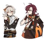  ! 2boys ahoge armor bangs blush closed_mouth cosplay costume_switch crossed_bangs genshin_impact green_eyes grey_hair gyoju_(only_arme_nim) hair_between_eyes hand_on_hip highres japanese_armor japanese_clothes kaedehara_kazuha kote kurokote male_focus multicolored_hair multiple_boys open_mouth parted_lips red_eyes red_hair shikanoin_heizou simple_background streaked_hair sweat symbol-only_commentary tassel upper_body white_background 