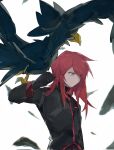  1boy bangs bird black_gloves black_jacket blurry closed_mouth commentary feathers frown gloves grey_eyes hand_up highres jacket long_hair looking_down male_focus murkrow pokemon pokemon_(creature) pokemon_adventures red_hair sakanobo_(sushi1021) silver_(pokemon) upper_body 