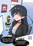  1girl absurdres artist_name bangs black_hair black_jacket breasts choker cleavage collarbone cubicle english_text figure furrowed_brow highres igawa_asagi jacket large_breasts long_hair monitor mouse_(computer) oboro_(taimanin_asagi) office_lady open_mouth photo_(object) rumi_(rumigawa31) sitting solo speech_bubble suit_jacket taimanin_(series) taimanin_asagi upper_body 