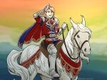  1boy arm_up armor belt black_belt cape commentary english_commentary ferdinand_von_aegir fire_emblem fire_emblem:_three_houses greaves grin highres horse jacket long_hair long_sleeves looking_at_viewer male_focus orange_eyes orange_hair pauldrons racecar_(racecarart) red_jacket riding shoulder_armor smile 