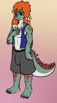  2017 anthro blue_eyes bottomwear brown_eyes bulge clothed clothing crocodile crocodilian crocodylid fully_clothed gradient_background green_body green_scales hair half-closed_eyes heterochromia long_hair looking_at_viewer male narrowed_eyes orange_hair reptile scales scalie shorts simple_background solo standing topwear vdisco vest walton_(vdisco) 