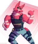  2022 absurd_res anthro bandage biceps bottomwear camelid clothed clothing digital_drawing_(artwork) digital_media_(artwork) epic_games eye_patch eyewear fortnite fully_clothed fur hi_res leo-wolf llama lt._john_llama male mammal muscular muscular_anthro muscular_male open_mouth open_smile pants pink_body pink_fur portrait pose smile solo teeth three-quarter_portrait tongue topwear vest video_games 