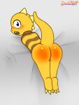  anthro bed bed_sheet bedding blush bodily_fluids bottomless butt clothed clothing davidkyatt furniture lizard male monster monster_kid pattern_clothing reptile scalie solo spank_marks spanking striped_clothing stripes tears undertale_(series) yellow_body young 