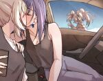  2girls ahoge animal_ears bangs bare_shoulders black_camisole blue_hair blush bow bow_earrings brmameng brown_hair camisole car_interior car_seat cellphone collar crop_top denim earrings fingernails food hair_intakes hakos_baelz holding holding_phone hololive hololive_english ice_cream jeans jewelry kiss mouse_ears mouse_girl mouse_on_head mr._squeaks_(hakos_baelz) multicolored_hair multiple_girls nanashi_mumei off-shoulder_shirt off_shoulder ouro_kronii pants phone shirt short_hair smartphone spiked_collar spikes steering_wheel streaked_hair t-shirt tank_top twintails virtual_youtuber wide-eyed yuri 