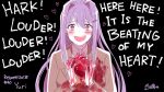  1girl blood blood_on_clothes blood_on_hands blood_splatter blush character_name crazy_eyes crazy_smile dated doki_doki_literature_club english_text hato_moa heart heart-shaped_pupils heart_(organ) literature looking_at_viewer purple_eyes purple_hair school_uniform shaded_face symbol-shaped_pupils yandere yuri_(doki_doki_literature_club) 