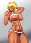  1girl 2022 abs absurdres arm_behind_head bangs bleach blonde_hair breasts cameltoe castell chest_strap cleavage covered_nipples cowboy_shot crossed_bangs dark-skinned_female dark_skin facial_mark green_eyes hair_between_eyes hand_on_own_chest highres huge_breasts looking_at_viewer maebari muscular muscular_female navel parted_lips shiny shiny_skin short_hair signature simple_background skindentation solo thick_thighs thighs tier_harribel toned underboob waistband 
