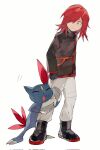  1boy black_footwear black_gloves boots brown_jacket commentary gloves grey_eyes grey_pants highres hugging_another&#039;s_leg jacket long_hair looking_down male_focus pants parted_lips pokemon pokemon_adventures red_hair sakanobo_(sushi1021) silver_(pokemon) sneasler standing white_background 