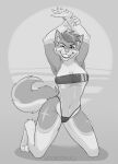  2022 anthro breasts canid canine canis claws clothed clothing energyvector female finger_claws greyscale gris_swimsuit hi_res inner_ear_fluff kneeling mammal meme meme_clothing monochrome navel one-piece_swimsuit rai_(shadowblade945) skimpy solo swimwear toe_claws translucent translucent_clothing translucent_swimwear tuft under_boob wolf 