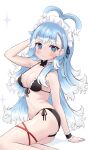 1girl absurdres ass bangs blue_eyes blue_hair blush breasts cocozasa eyebrows_visible_through_hair highres hololive hololive_indonesia kobo_kanaeru long_hair looking_at_viewer medium_breasts midriff multicolored_hair navel smile solo swimsuit two-tone_hair virtual_youtuber white_hair 