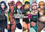  3boys 3girls abs absurdres alejandro_tio arrow_(projectile) bandaid bandaid_on_face bandaid_on_nose bare_pectorals bead_necklace beads beard belt black_hair blonde_hair blue_eyes blue_hair breasts brown_hair cleavage coat collared_jacket danganronpa_(series) ear_piercing facial_hair frown glasses glowing glowing_eyes goggles hair_ornament hairpin highres hood hooded_jacket hoodie jacket jewelry legwear_under_shorts long_hair looking_at_viewer looking_to_the_side male_swimwear messy_hair multiple_boys multiple_girls muscular muscular_male navel navel_hair necklace no_shirt open_clothes open_jacket open_mouth original pants pectorals piercing pink_eyes pink_hair plump pointing pointing_at_viewer shirt shorts skirt smile spiked_hair stubble swim_briefs t-shirt tan teeth text_focus thick_eyebrows thighhighs tongue yellow_eyes 