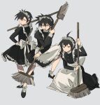  3boys :d ahoge alternate_costume apron bangs black_dress black_hair brendan_(pokemon) broom buttons chinese_commentary closed_mouth commentary_request crossdressing dress enmaided ethan_(pokemon) frills hair_between_eyes highres holding holding_broom legs_apart long_sleeves maid maid_headdress male_focus multiple_boys open_mouth pokemon pokemon_adventures red_(pokemon) red_eyes sakanobo_(sushi1021) short_hair smile tongue yellow_eyes 