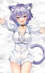  1girl absurdres animal_ear_fluff animal_ears bed_sheet black_collar breasts button_gap cat_ears cat_tail cleavage collar collarbone commentary_request fang heart highres hololive large_breasts long_sleeves looking_at_viewer lying meteor_(yamashou) nekomata_okayu on_back open_mouth purple_eyes purple_hair shirt smile solo tail thighs virtual_youtuber white_shirt 