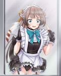  1girl absurdres alternate_costume apron aqua_bow aqua_bowtie artist_name ass_visible_through_thighs black_dress black_gloves black_panties blue_eyes blush bow bowtie brown_hair buttons dated dress enmaided gloves groin highres kantai_collection kazagumo_(kancolle) long_hair maid maid_apron maid_headdress open_mouth panties ponytail puffy_short_sleeves puffy_sleeves short_sleeves signature solo thighhighs tk8d32 underwear white_apron 