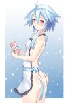  1girl absurdres apron ass backless_outfit blue_hair blush book breasts covered_nipples cowboy_shot from_side hands_up highres holding holding_book looking_at_viewer looking_back looking_to_the_side naked_apron neptune_(series) no_bra no_panties otocai power_symbol red_eyes short_hair_with_long_locks small_breasts smile solo symbol-shaped_pupils white_heart 