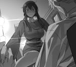  1boy 1girl absurdres black_hair blush breasts commentary greyscale highres indoors large_breasts long_hair looking_at_another making-of_available monochrome ningen_(ningen96) off_shoulder solo_focus spy_x_family tagme twilight_(spy_x_family) wavy_mouth yor_briar 