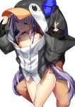  1boy 1girl animal_costume black_jacket blue_ribbon blush bottomless commentary_request cum cum_on_legs cumdrip fate/grand_order fate_(series) hetero jacket long_hair long_sleeves looking_at_viewer meltryllis_(fate) meltryllis_(swimsuit_lancer)_(fate) meltryllis_(swimsuit_lancer)_(first_ascension)_(fate) mikomachi_(35machi) nipple_slip nipples open_mouth penguin_costume purple_hair ribbon sex simple_background sleeves_past_wrists solo_focus very_long_hair white_background white_jacket 