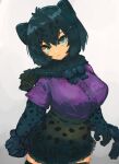  1boy :/ absurdres adeshi_(adeshi0693119) animal_ears animal_print aqua_eyes arms_at_sides bangs black_bow black_bowtie black_hair black_jaguar_(kemono_friends) black_legwear bow bowtie breast_pocket breasts center_frills closed_mouth colored_inner_hair cowboy_shot dress_shirt elbow_gloves eyebrows_visible_through_hair frills fur_scarf gloves hair_between_eyes head_tilt high-waist_skirt highres jaguar_(kemono_friends) jaguar_ears jaguar_girl jaguar_print jaguar_tail kemono_friends large_breasts looking_at_viewer medium_hair miniskirt multicolored_hair open_hand open_mouth pocket print_gloves print_skirt purple_shirt scarf serious shirt shirt_tucked_in short_sleeves skirt solo tail tented_shirt thighhighs tsurime zettai_ryouiki 