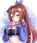  1girl animal_ears black_shirt breasts brown_hair bubble_tea bubble_tea_challenge cleavage crop_top cup disposable_cup drawstring flower hair_flower hair_ornament hair_ribbon hands_up indie_virtual_youtuber large_breasts lilya_kyomi_(fiwivt) long_hair long_sleeves looking_at_viewer midriff mouth_hold multicolored_hair nami_(nyaa) ponytail ribbon shirt shrug_(clothing) solo stomach streaked_hair upper_body virtual_youtuber 