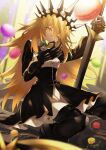  1girl absurdres black_rock_shooter blonde_hair chariot_(black_rock_shooter) food highres holding holding_sword holding_weapon long_hair looking_at_viewer momijisio sitting solo sword weapon yellow_eyes 