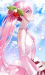  1girl cloud from_side hatsune_miku highres long_hair long_sleeves outdoors pink_eyes pink_hair sakura_miku sky solo vocaloid yuuyu_(moco20111115) 