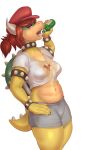  2022 absurd_res alcohol alpha_channel anthro beverage bottomwear breasts brown_hair cap_(koopacap) champagne clothing collar digital_media_(artwork) drinking female hair half-closed_eyes hand_on_hip hat headgear headwear hi_res holding_beverage holding_object japanese_text koopa littlenapoleon looking_at_viewer mario_bros narrowed_eyes navel nintendo open_mouth ponytail red_clothing red_hat red_headwear scalie shirt shorts simple_background slightly_chubby solo spiked_collar spikes text tongue tongue_out topwear transparent_background video_games wet wet_clothing wet_shirt wet_topwear yellow_body 