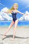 1girl absurdres barefoot beach blonde_hair blue_eyes blue_sky blue_swimsuit cloud competition_school_swimsuit day full_body highres horizon kayama_kouji kofune_ushio long_hair ocean open_mouth outdoors outstretched_arms round_teeth school_swimsuit shadow shell_necklace signature sky solo summertime_render swimsuit teeth upper_teeth very_long_hair 