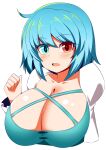  1girl bangs blue_eyes blue_hair breasts cleavage heterochromia highres large_breasts red_eyes shirt short_hair simple_background solo tatara_kogasa touhou white_background white_shirt xialu_zajin 