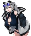  1girl :d animal_ears arknights bare_shoulders bear_ears black-framed_eyewear black_dress black_hair blue-tinted_eyewear breasts cleavage cleavage_cutout clothing_cutout cowboy_shot dress earrings extra_ears eyewear_on_head fang feater_(arknights) grey_hair grey_jacket hair_over_one_eye hands_in_pockets highres jacket jewelry large_breasts leaning_forward long_sleeves looking_at_viewer multicolored_hair open_clothes open_jacket open_mouth red_eyes round_eyewear short_hair short_twintails simple_background skin_fang smile solo streaked_hair sunglasses tinted_eyewear twintails two-tone_hair unknownnoname0 white_background 