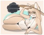  2022 anthro areola areola_slip bikini black_nose breasts camel_toe canid canine cleavage clothed clothing eating eyewear female food food_in_mouth fox fur glasses hair hat headgear headwear hi_res kemono korean_text korfiorano looking_at_viewer mammal multicolored_body multicolored_fur popsicle round_glasses solo swimwear tan_body tan_fur tan_hair text translation_request two_tone_body two_tone_fur white_body white_fur yellow_eyes 