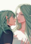 2girls absurdres bangs black_shirt breasts byleth_(fire_emblem) byleth_(fire_emblem)_(female) chinese_commentary cleavage collarbone commentary_request eye_contact fire_emblem fire_emblem:_three_houses from_side green_eyes green_hair hand_on_another&#039;s_chest highres huangjin_shizi long_hair looking_at_another multiple_girls parted_lips pointy_ears portrait rhea_(fire_emblem) shirt simple_background white_background yuri 