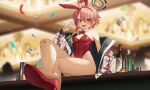  1girl aer7o angry animal_ears armpit_crease bandaid bandaid_on_foot bandaid_on_knee bandaid_on_leg bangs bare_legs bare_shoulders blue_archive blurry blurry_background blush bottle bow bowtie braid breasts breasts_apart card casino collar confetti covered_navel crossed_legs depth_of_field detached_collar earrings eyebrows_visible_through_hair fake_animal_ears fang film_grain hair_between_eyes heart high_heels highleg highleg_leotard highres holding jacket jewelry legs leotard long_hair looking_at_viewer mole mole_under_eye money neru_(blue_archive) neru_(bunny)_(blue_archive) no_bra off_shoulder open_mouth oversized_breast_cup pink_hair playboy_bunny playing_card poker_chip rabbit_ears red_bow red_bowtie red_eyes red_footwear red_leotard shoes sitting solo strapless strapless_leotard stud_earrings thighs traditional_bowtie v-shaped_eyebrows white_collar white_jacket 