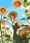  1girl :d arm_up basket belt brown_hair cloud day emma_woods flower freckles hat highres identity_v lyq1993 outdoors shirt short_hair_with_long_locks smile solo standing straw_hat sun_hat sunflower tool_belt white_shirt x_x 