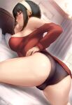  1girl all_fours artist_name ass bed bed_sheet bedroom black_hair black_panties blush breasts breath cameltoe earrings gold_earrings hairband highres jewelry kimoshi large_breasts long_hair no_pants off-shoulder_sweater off_shoulder on_bed panties parted_lips pillow red_eyes red_sweater short_hair_with_long_locks sidelocks solo spy_x_family sweater thighs underwear white_hairband yor_briar 