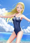  1girl absurdres beach blonde_hair blue_eyes blue_sky blue_swimsuit cloud competition_school_swimsuit cowboy_shot day highres horizon kayama_kouji kofune_ushio long_hair ocean open_mouth outdoors outstretched_arms round_teeth school_swimsuit shell_necklace signature sky solo summertime_render swimsuit teeth upper_teeth very_long_hair 