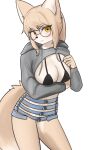  2022 anthro bikini black_nose blush breasts canid canine cleavage clothed clothing eyewear female fox fur glasses hair hi_res hoodie kemono korfiorano looking_at_viewer mammal multicolored_body multicolored_fur round_glasses solo swimwear tan_body tan_fur tan_hair topwear two_tone_body two_tone_fur white_body white_fur yellow_eyes 