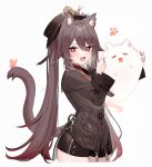  1girl :d animal_ears banned_artist black_headwear brown_hair brown_jacket cat_ears cat_tail genshin_impact ghost hat hu_tao_(genshin_impact) jacket kemonomimi_mode long_hair muryotaro red_eyes smile tail twintails 