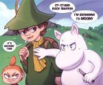  anthro blue_eyes brown_hair cigarette_in_mouth clothing dialogue english_text female goobone grass green_clothing green_hat green_headwear group hair hat headgear headwear hi_res holding_knife holding_object human it&#039;s_morbin_time knife little_my male mammal moomin moomintroll outside plant scarf smile snufkin text the_moomins white_body yellow_scarf 