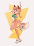  anthro breasts canid canine clothed clothing dipstick_tail female footwear fox freckles fur green_eyes hair hi_res mammal markings navel orange_body orange_fur patricia_mac_sionnach pigtails shoes solo tail_markings tian_(artist) topwear 