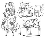  2019 android anthro bell bodily_fluids box carrying clothing container cybernetic_leg cybernetic_limb cybernetics disembodied_hand faceplate felid feline flying_sweatdrops holding_box holding_container holding_object hood hooded_jacket jacket jooshy machine male mammal monochrome package paws robot signing sleeping solo standing sweat sweatdrop topwear 