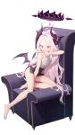  1girl absurdres bangs bare_arms bare_legs bare_shoulders barefoot between_legs black_panties blue_archive breasts chair covering_mouth demon_girl demon_horns doribae eyebrows_visible_through_hair feet full_body halo highres hina_(blue_archive) horns long_hair looking_at_viewer low_wings on_chair panties parted_bangs pink_hair red_eyes shirt simple_background sitting sleeveless solo underwear very_long_hair white_background white_hair white_shirt wings 