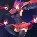  1girl :d armpits black_legwear blank_eyes bow breasts cape covered_navel covered_nipples disembodied_head eye_beam feet_out_of_frame gloves glowing glowing_eyes hair_bow highres leotard night night_sky open_mouth outdoors puck100ml red_hair red_skirt sekibanki short_hair skirt sky smile solo thighhighs touhou 