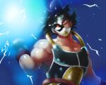 1boy armor bangs bardock bardock_(xeno) biceps black_hair broken_mask chest_armor dragon_ball dragon_ball_xenoverse energy energy_ball highres kakipiinu large_pectorals looking_at_viewer male_focus mask monkey_tail muscular muscular_male pectorals red_eyes saiyan_armor scar scar_on_cheek scar_on_face short_hair solo spiked_hair tail time_breaker_mask upper_body wrist_guards 