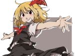  1girl ahoge arms_at_sides ascot black_skirt black_vest blonde_hair blush collared_shirt commentary frilled_skirt frills grey_shirt hair_ribbon highres looking_at_viewer open_mouth outline outstretched_arms red_ascot red_eyes red_ribbon ribbon rumia shinmon_akika shirt short_hair short_sleeves simple_background skirt skirt_set solo spread_arms square torn_ascot torn_vest touhou vest white_shirt wide_sleeves wing_collar 